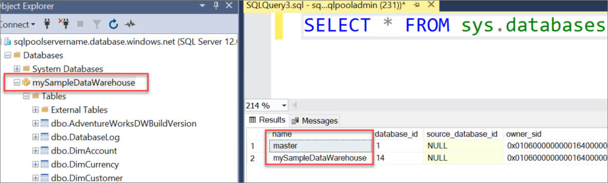 SQL Server Management Studio (SSMS) 的螢幕擷取畫面。在 SSMS 中查詢資料庫，結果集中顯示 master 和 mySampleDataWarehouse。