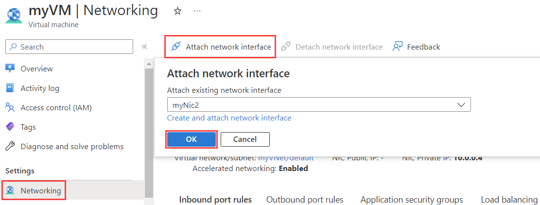 在 Azure 入口網站中將網路介面連結至虛擬機器的螢幕擷取畫面。