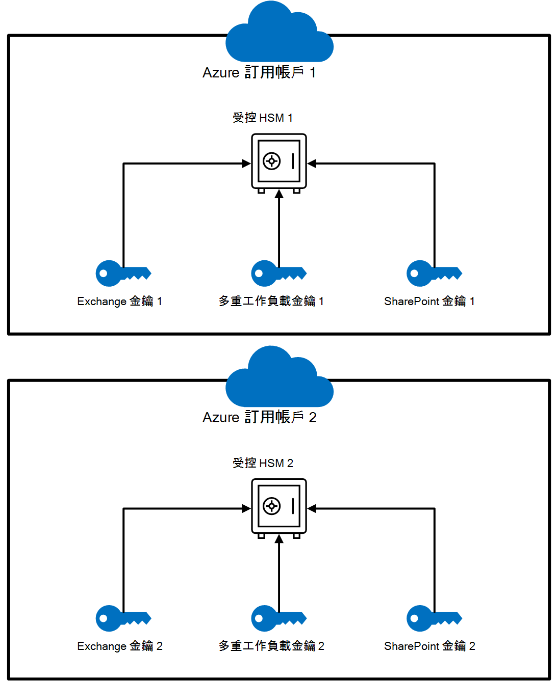 簡化 HSM 設定示意圖，包含兩個受管理 HSM 實例