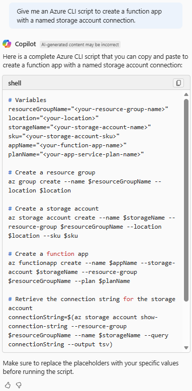 Azure Copilot 提供一個 Azure CLI 腳本的截圖，用來建立一個與儲存帳戶相連接的函式應用程式。