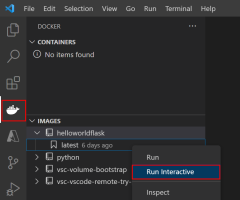 顯示如何在 VS Code 中使用 Docker 擴充功能從 Docker 映像執行容器的螢幕快照。