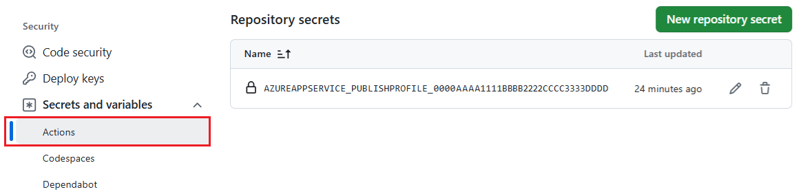 顯示如何在 GitHub 中檢視存放庫動作秘密的螢幕快照。