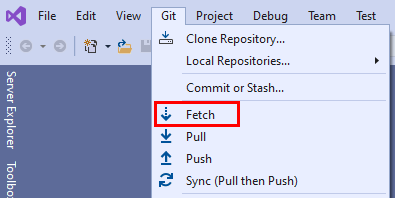 Visual Studio 2019 中 Git 功能表中 [擷取] 選項的螢幕擷取畫面。