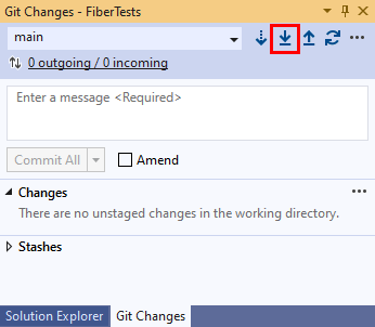 Visual Studio 2019 的 [Git 變更] 視窗中 [提取] 按鈕的螢幕擷取畫面。