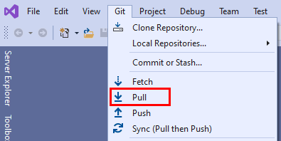 Visual Studio 2019 中 Git 功能表中 [提取] 選項的螢幕擷取畫面。