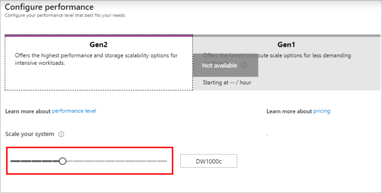 Azure 入口網站的螢幕擷取畫面。變更資料倉儲效能層級。