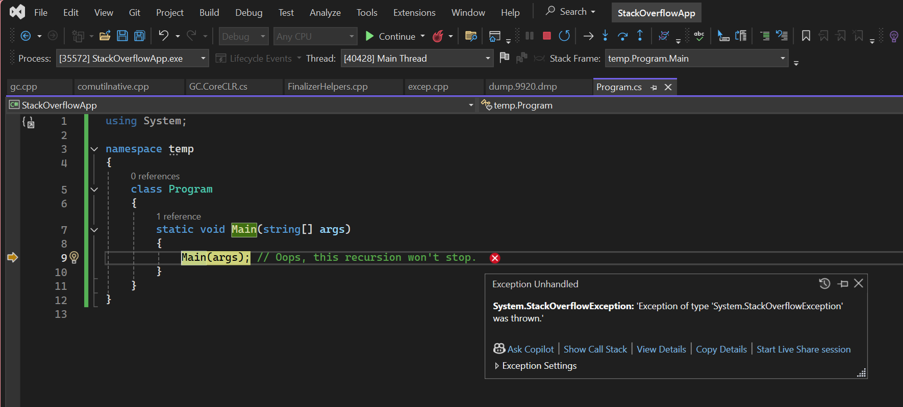 Visual Studio StackOverflowException 對話框。