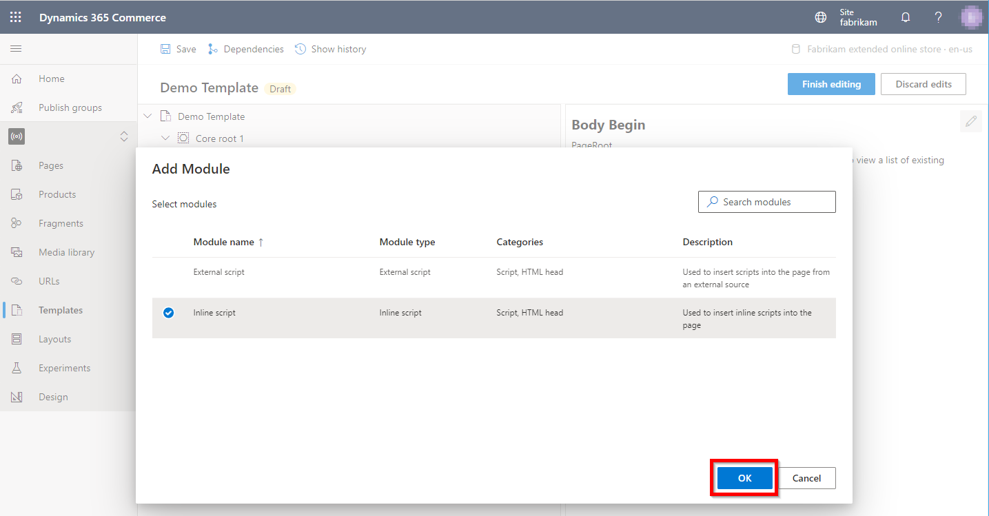 Screenshot of adding a script module.