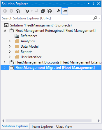 Screenshot of three projects in a Visual Studio solution in Solution Explorer.