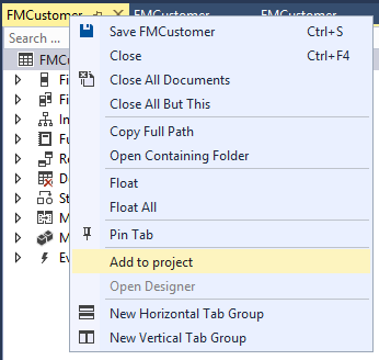 Screenshot of the Add to project option in the document tab context menu.