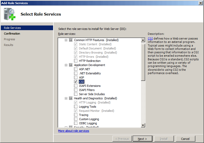 此螢幕快照顯示 Windows Server 2008 的 [新增角色服務] 對話框中的 [選取角色服務] 頁面。已選取 C G I。