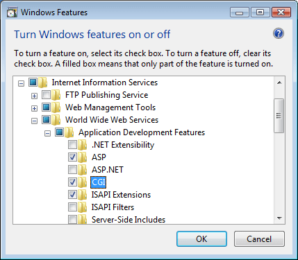 顯示針對 Windows Vista 或 Windows 7 選取 C G I 的螢幕快照。