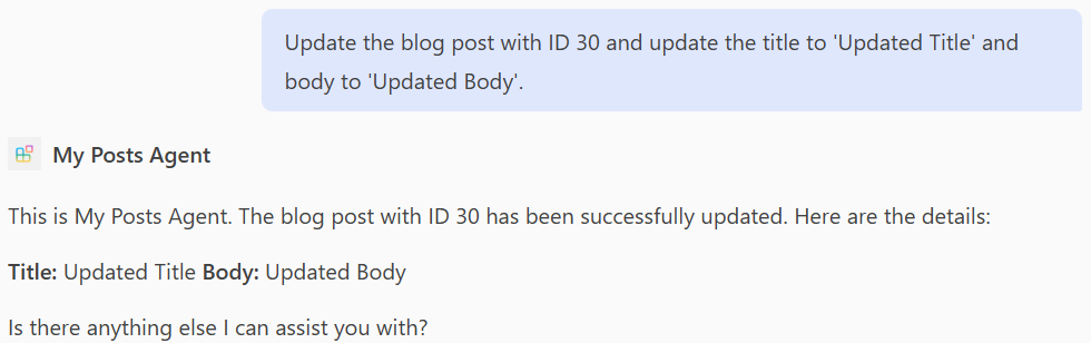 A screenshot of an answer from a declarative agent based on PATCH operations