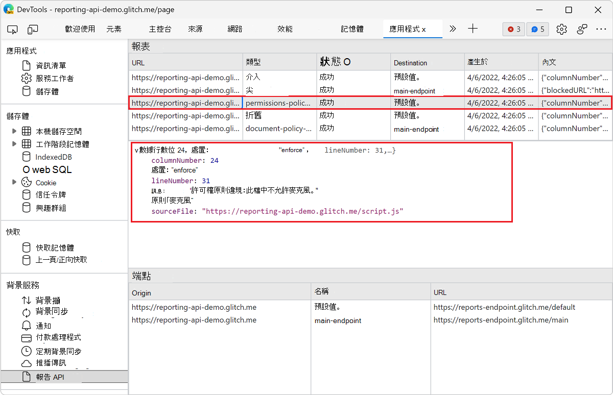在「報告 API 窗格」中查看報告的詳細資訊