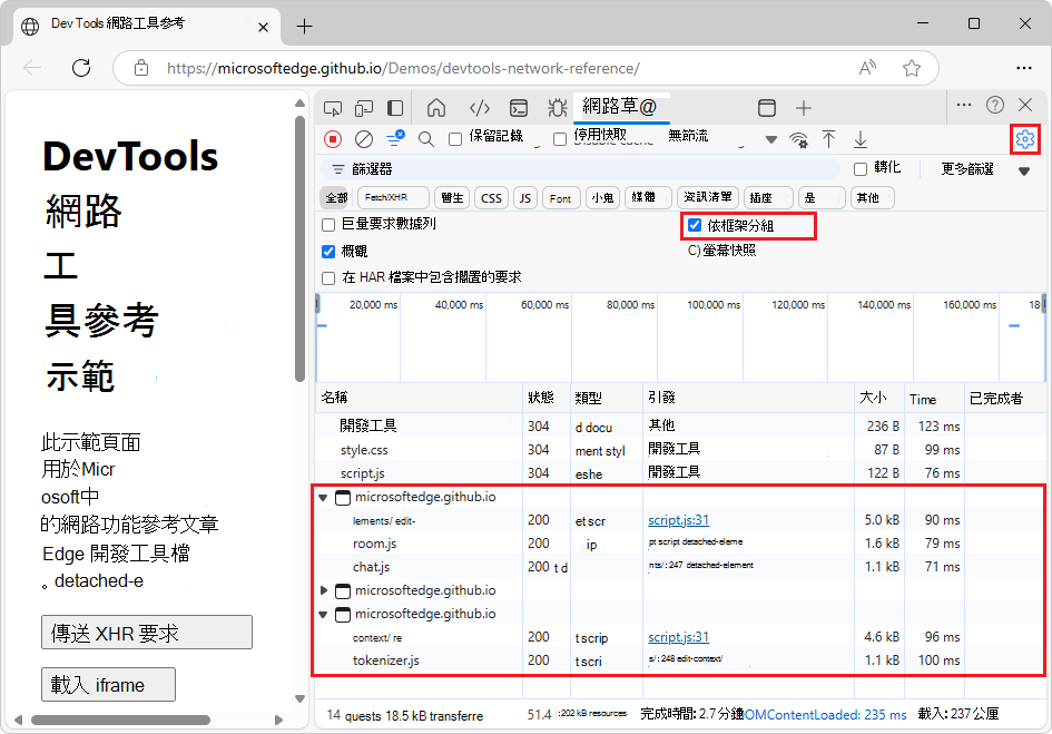 網路要求記錄，其中包含依 iframe 分組的要求