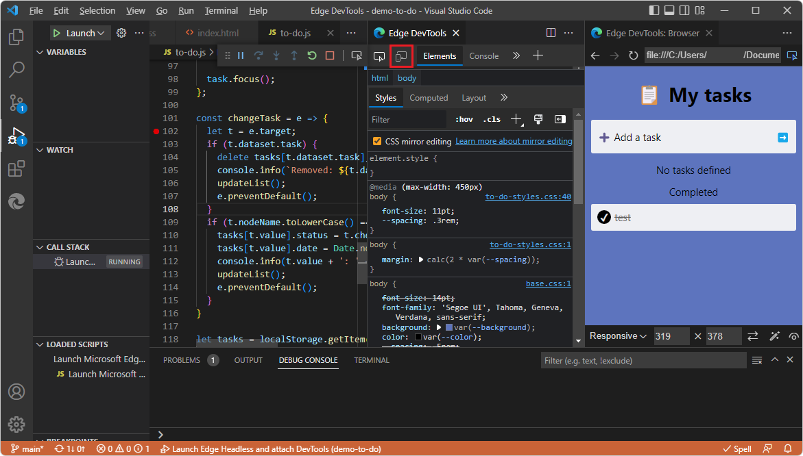 在「Edge DevTools」分頁中的「切換螢幕投播」按鈕