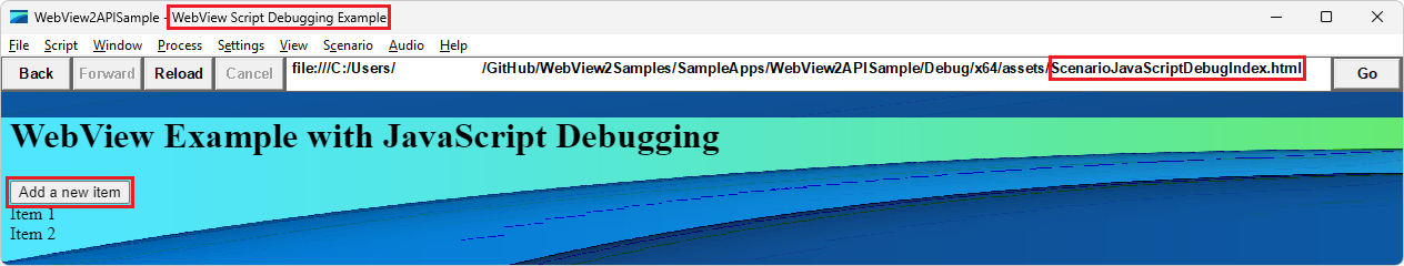 渲染後的 HTML 檔案「WebView 腳本除錯範例」