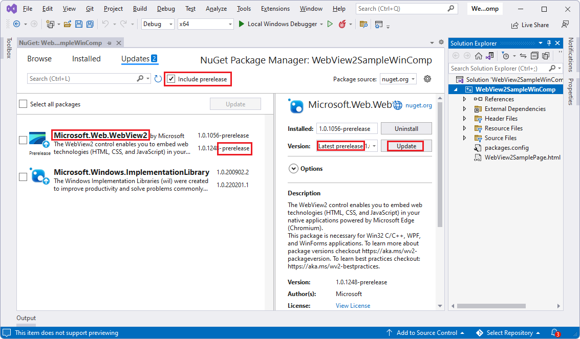 在初次開啟 WebView2SampleWinComp 解決方案後，NuGet 套件管理器的匯報標籤