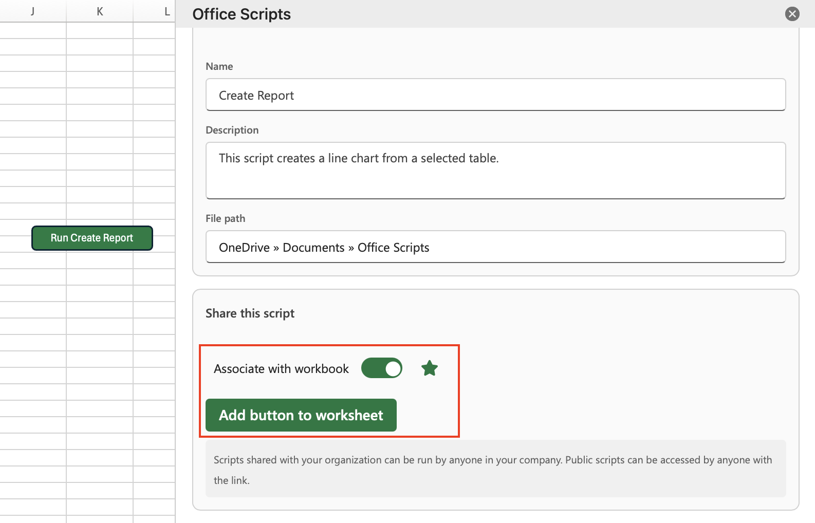The 'Associate with workbook' and 'Add button to worksheet' controls in the Share this script section.