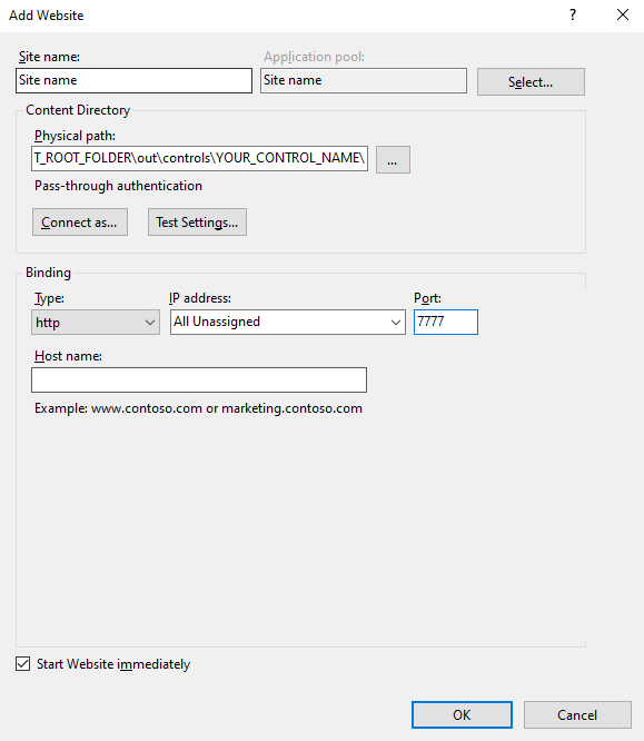 Screenshot of IIS settings for hosting code component files on a local website.
