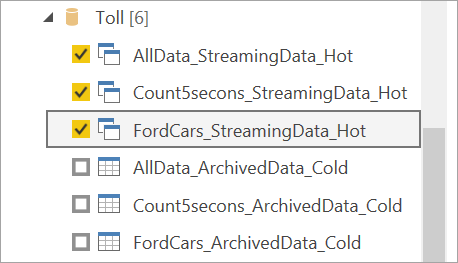 顯示在 Power BI Desktop 中為串流資料流程選取熱輸出資料表的螢幕擷取畫面。