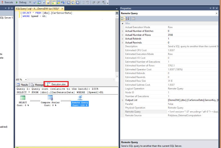 來自 SQL Server Management Studio 的螢幕快照，顯示一個 PolyBase 查詢執行計劃。