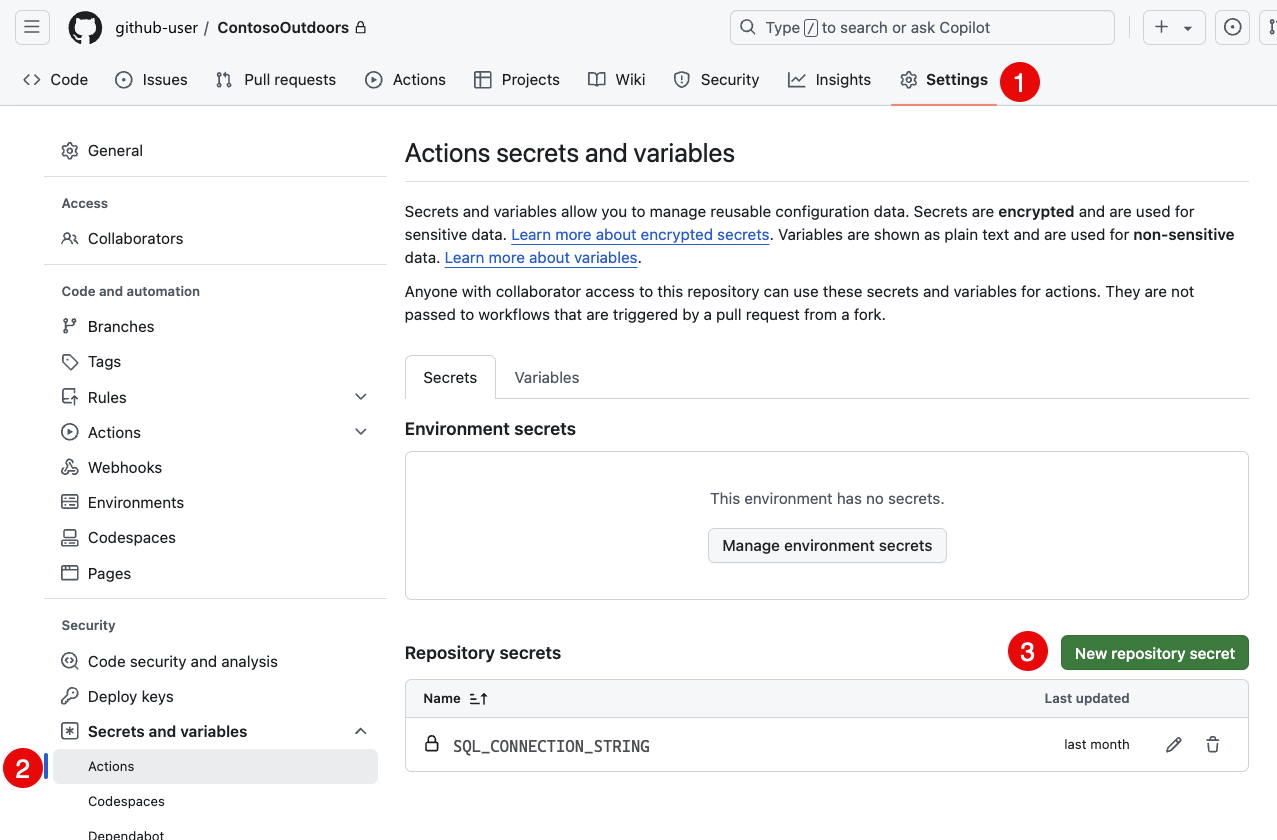 GitHub 存放庫設定的螢幕擷取畫面，其中已醒目提示 [新增存放庫祕密] 按鈕。