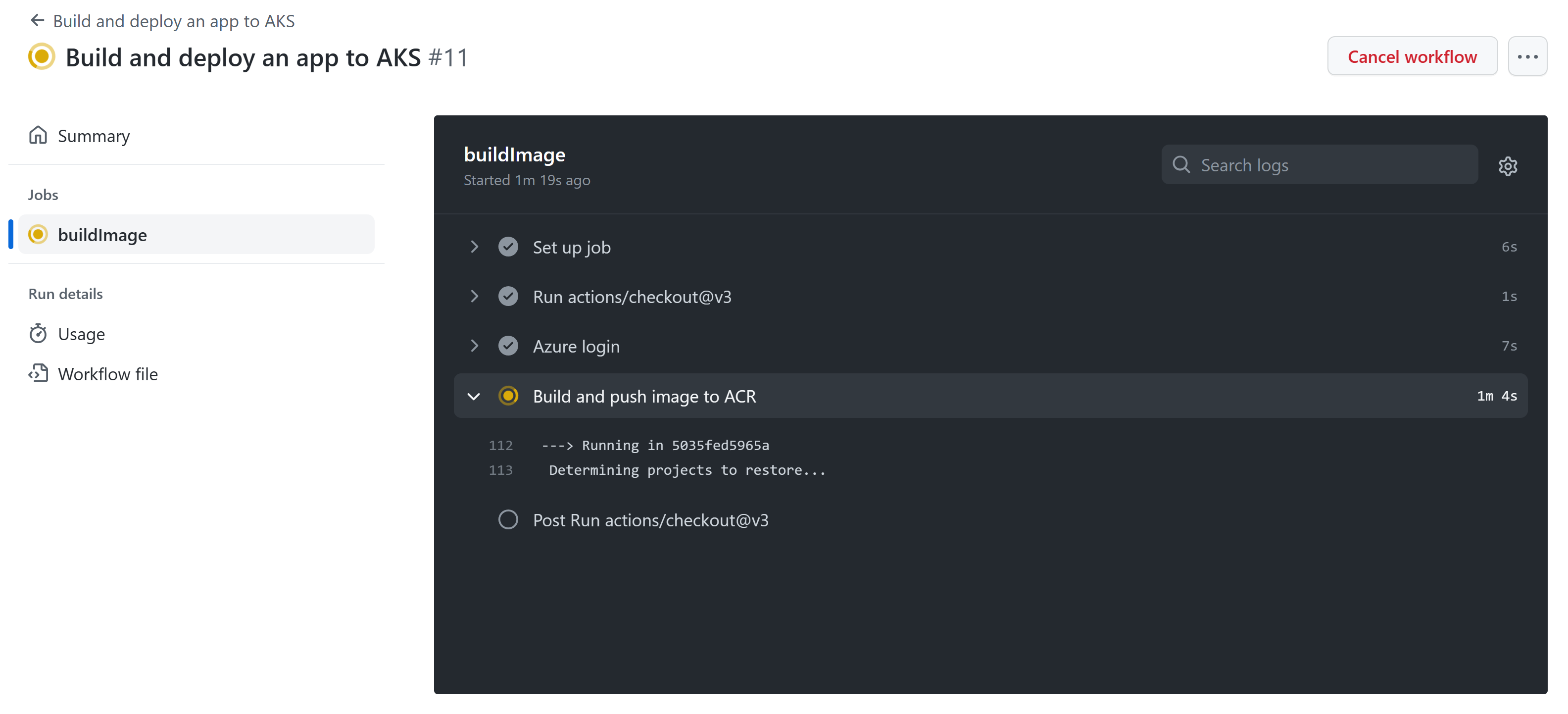 顯示 GitHub 工作流程進行中的螢幕快照。