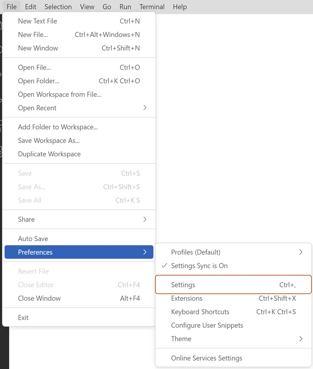 Visual Studio Code 中檔案選單的螢幕截圖。偏好設定下拉式選單的子選單會隨即開啟，並已選取設定命令。