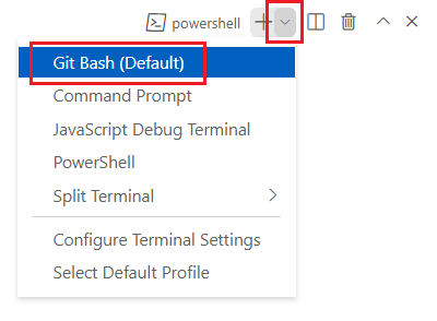 Visual Studio Code 終端機視窗的螢幕擷取畫面，其中顯示終端機殼層下拉式清單且已選取 [Git Bash (預設)]。