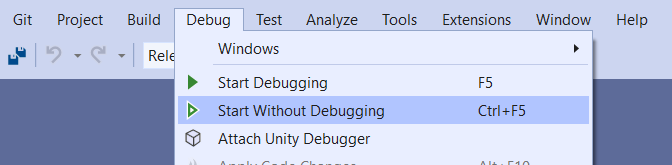 顯示 [啟動但不偵錯] 功能表項目的 Visual Studio 螢幕擷取畫面。