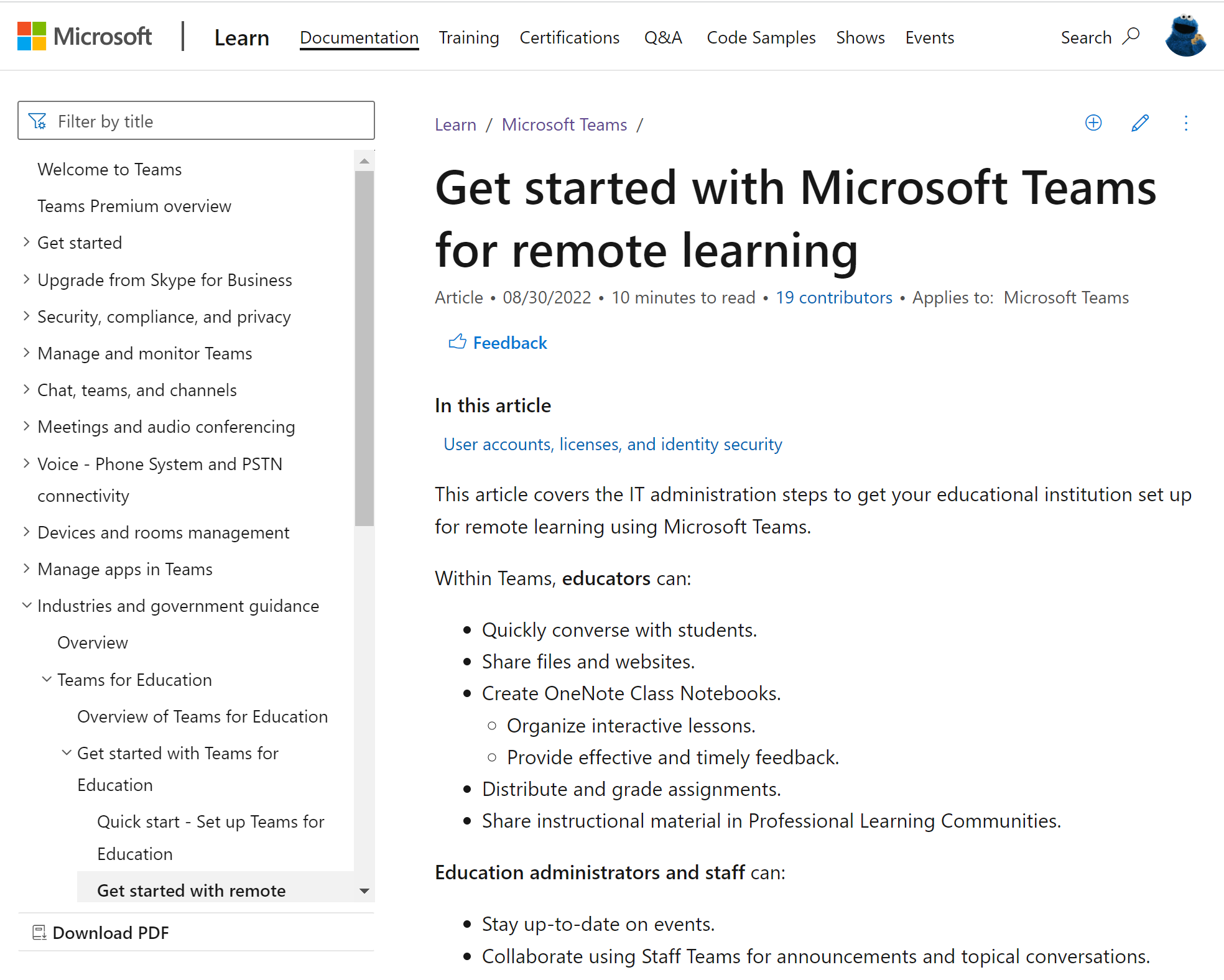 文章截圖：《開始使用 Microsoft Teams 進行遠距學習