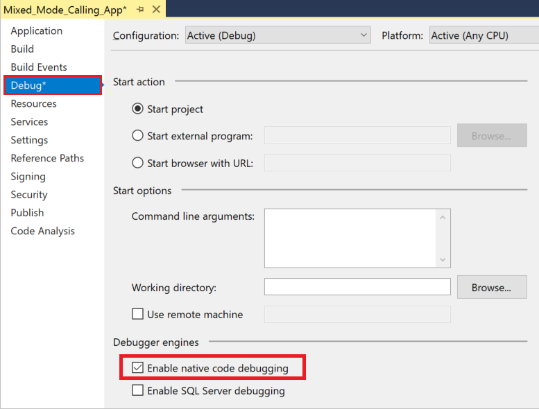 顯示如何在 Visual Studio 2019 中為 C# 或 Visual Basic 專案啟用混合模式偵錯的螢幕快照。