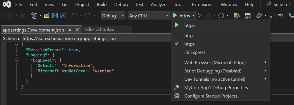螢幕擷取畫面顯示 Visual Studio 工具列中醒目提示的 https 按鈕。