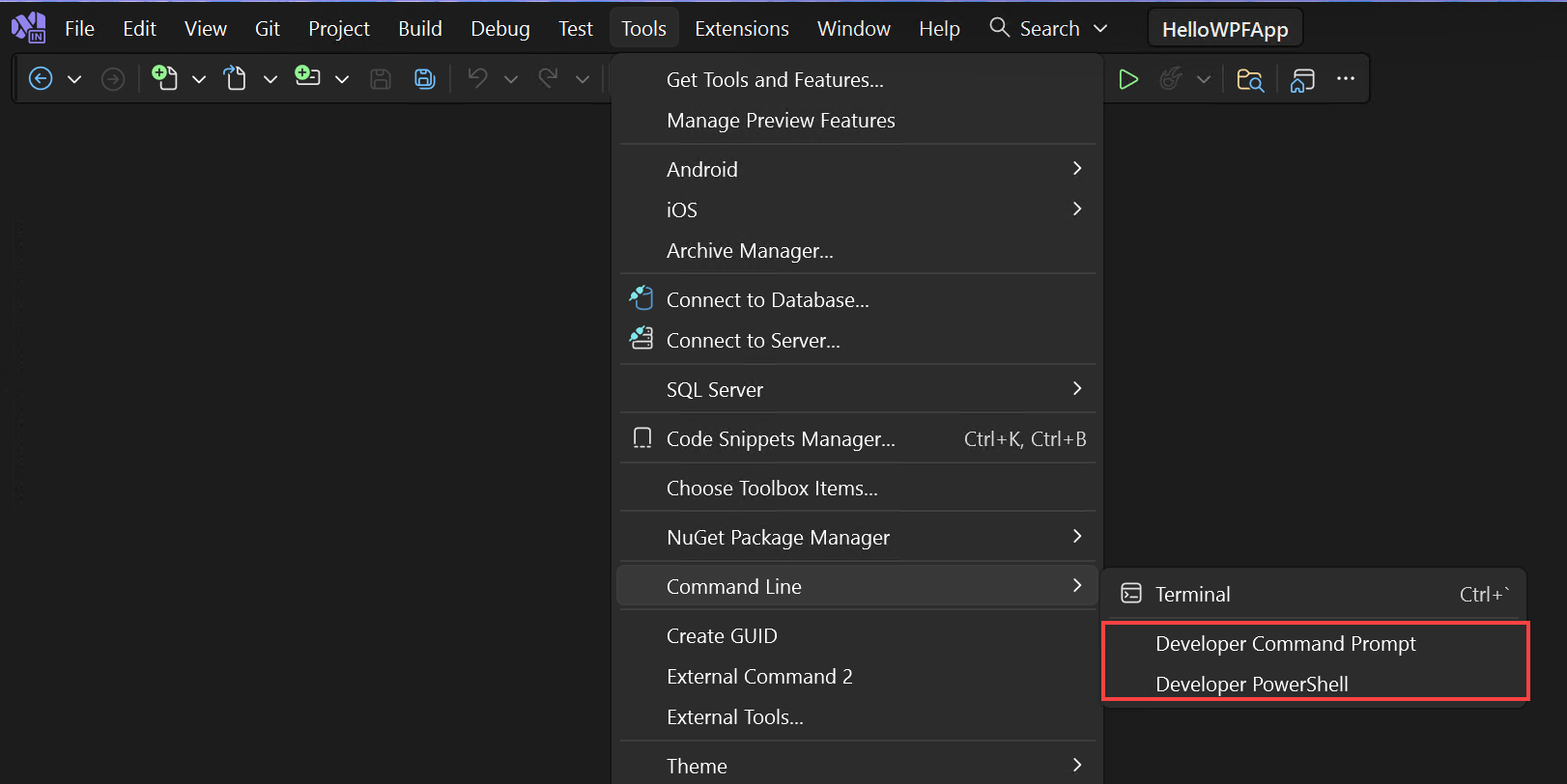 Visual Studio 中命令行功能表的螢幕快照。