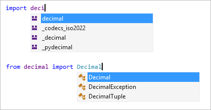 螢幕擷取畫面，顯示 Visual Studio 編輯器中的「import」和「from import」自動完成功能。