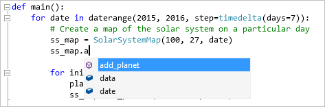 顯示成員透過 Visual Studio 編輯器裡的 Intellisense 完成的螢幕截圖。