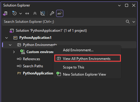 顯示如何在 Visual Studio 中按鍵開啟 [Python 環境] 視窗的螢幕快照。