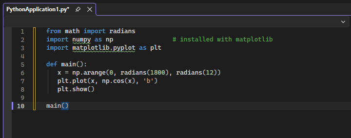 顯示 Visual Studio 如何使用特殊格式設定來指出 matplotlib 匯入語句未解決的螢幕快照。