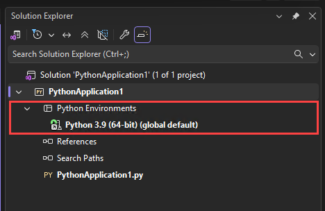 顯示 Visual Studio [方案總管] 中 [Python 環境] 節點的螢幕快照。