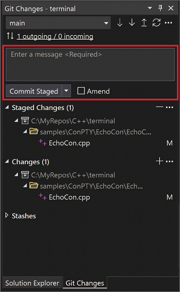 Visual Studio 2022 中 [Git 變更] 對話方塊的螢幕擷取畫面。