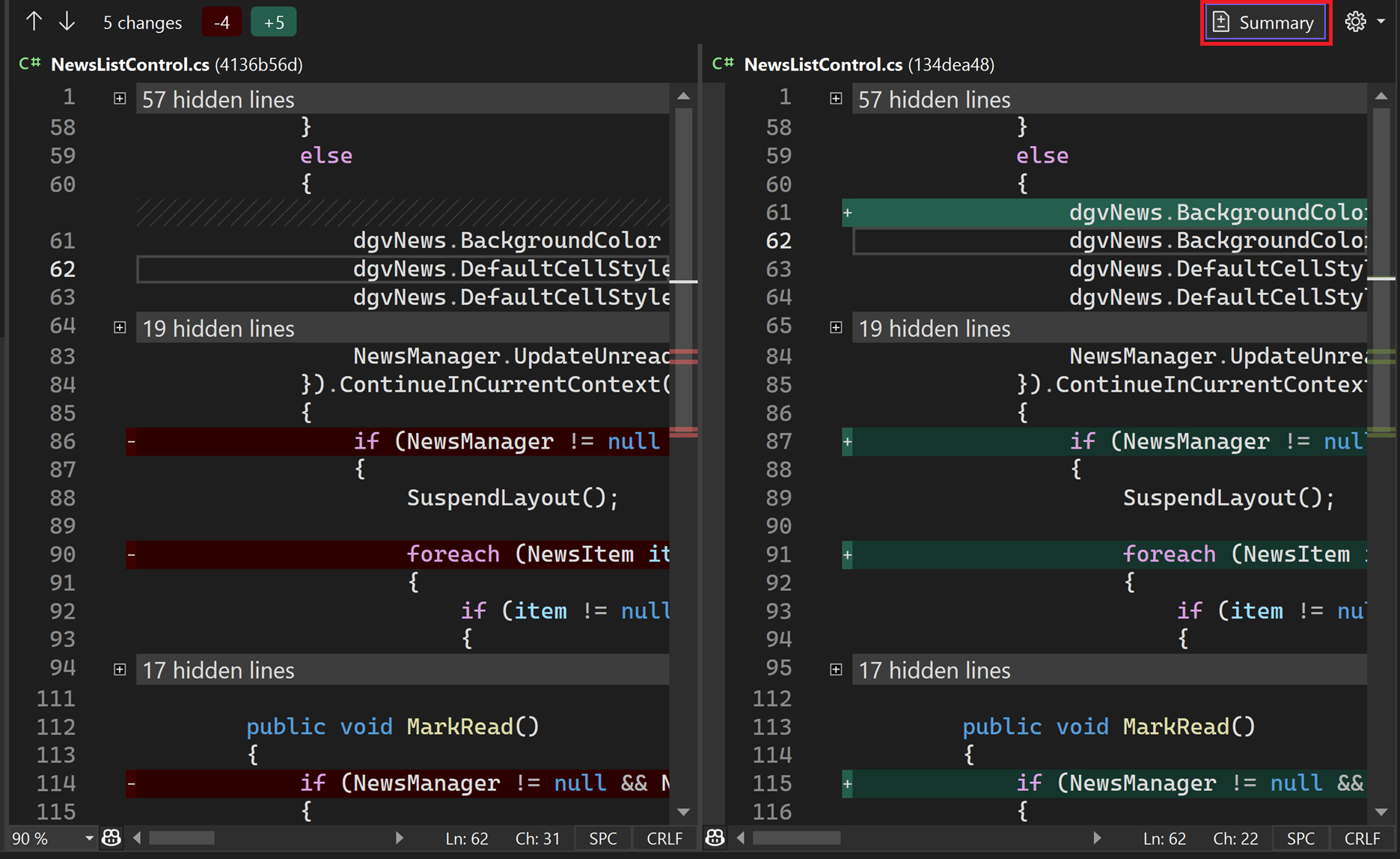 在 Visual Studio 2022 中，[新增拉取請求] 視窗的摘要按鈕文字被醒目提示。