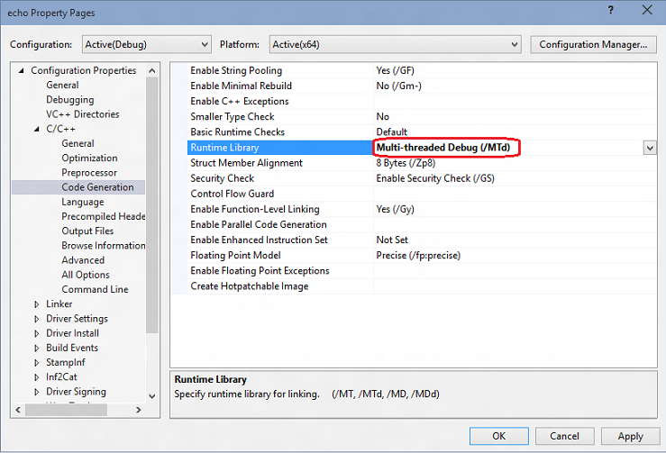 Visual Studio 中 echo 屬性頁的截圖，強調了執行階段庫設定。
