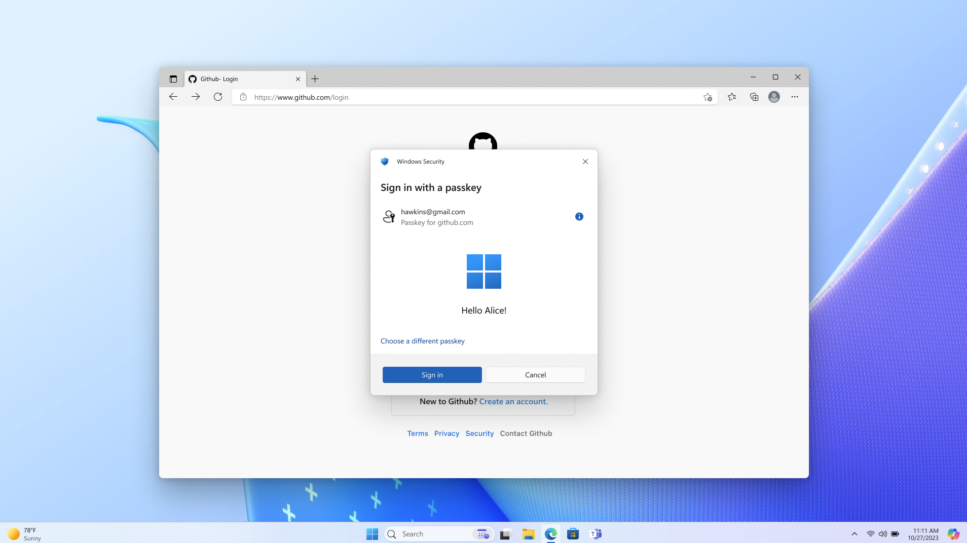 使用 Windows Hello 登入成功
